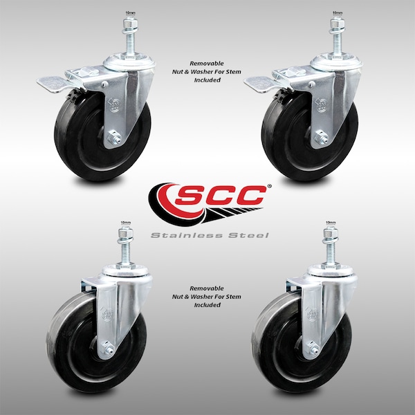 Service Caster 5 Inch SS Hard Rubber Swivel 10mm Threaded Stem Caster Lock Brake SCC, 2PK SCC-SSTSTTL20S514-HRS-M1015-2-S-2 - main